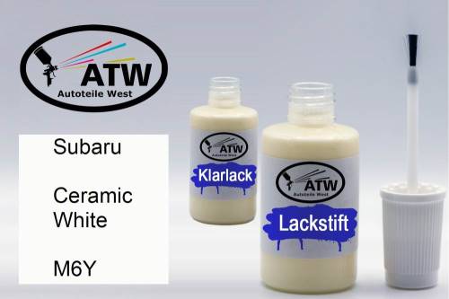 Subaru, Ceramic White, M6Y: 20ml Lackstift + 20ml Klarlack - Set, von ATW Autoteile West.